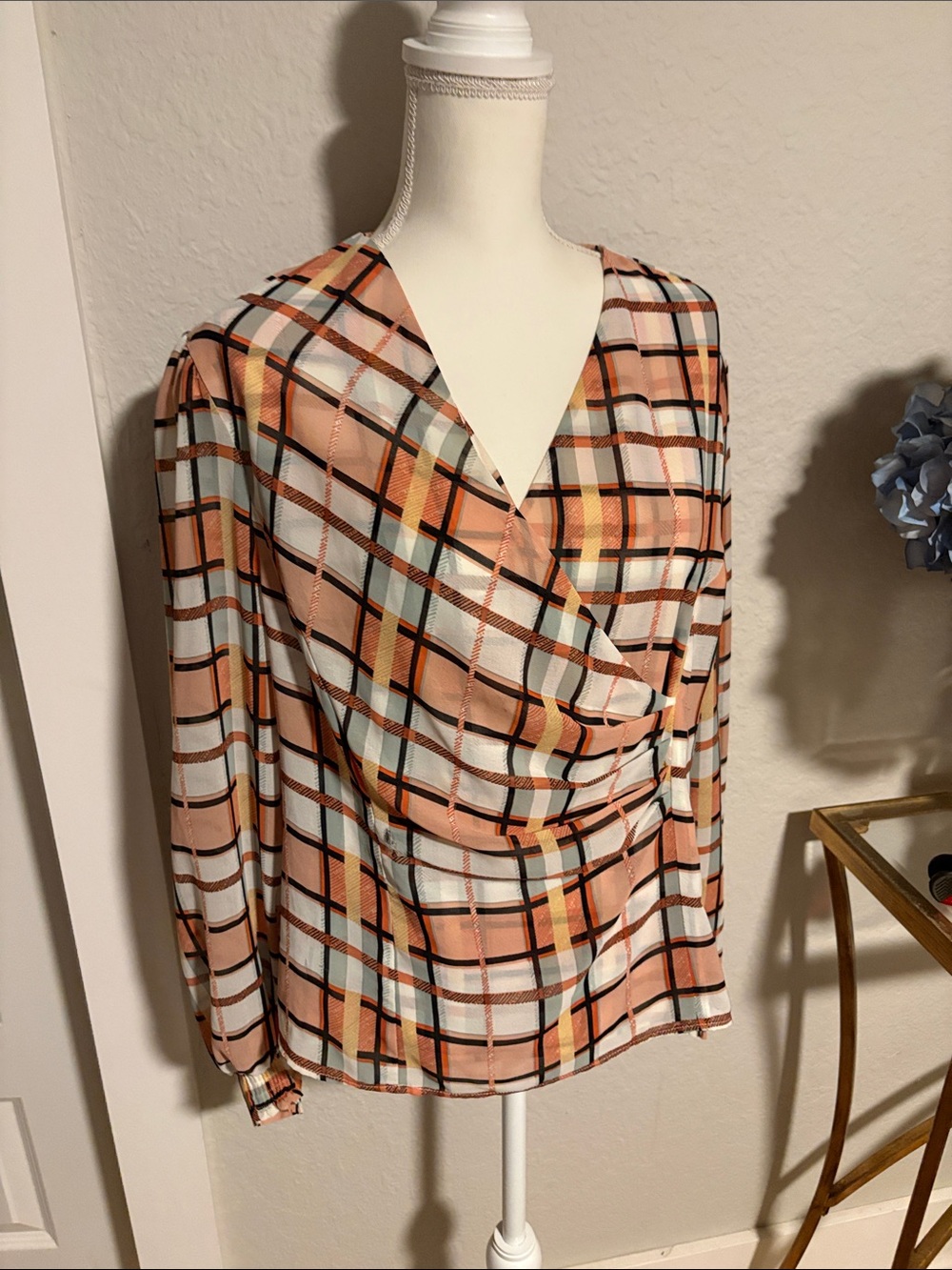 CAbi Peach Plaid Wrap Blouse